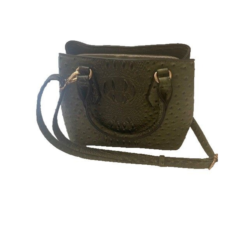 Green Ostrich Pattern Purse with Gold Hardware, Double Handles & Detachable S…
